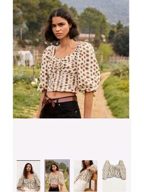 MNG Women's Cropped Polka Dot Blouse Puff Sleeves Ruched Cream Brown Size 6